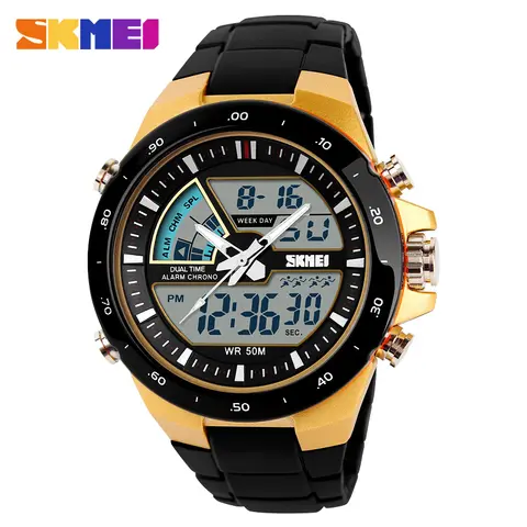 Skmei 1016 Men's Digitl Analog 50M Waterproof Sports Watch Military Multifunction Stopwatch Alarm Backlight  Watch - Black Gold